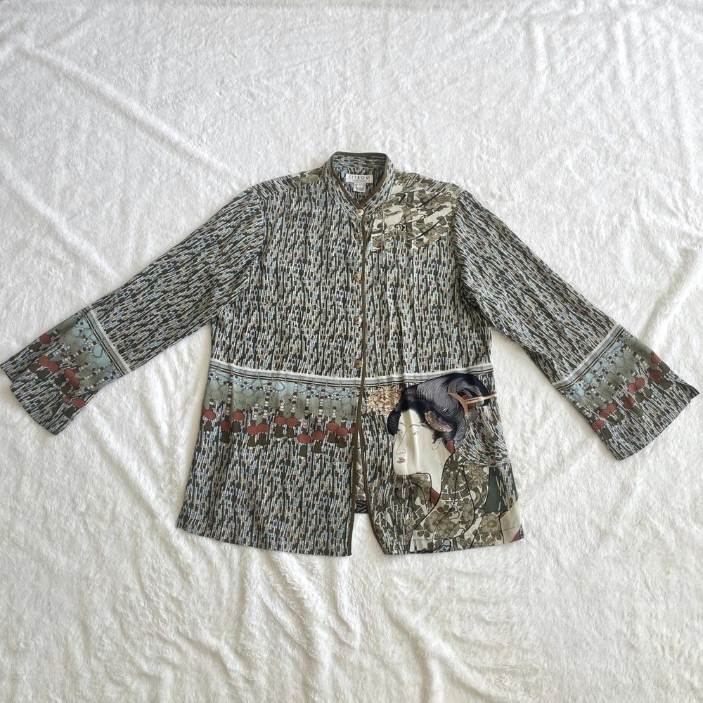 Citron Santa Monica Silk Geisha Mosaic Print Mandarin Collar Shirt Large